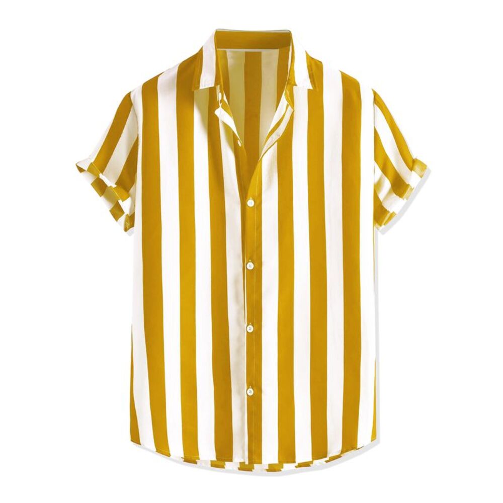 Stripe Shirt Short Sleeved Color Block Button Down Beach Shirt Yellow